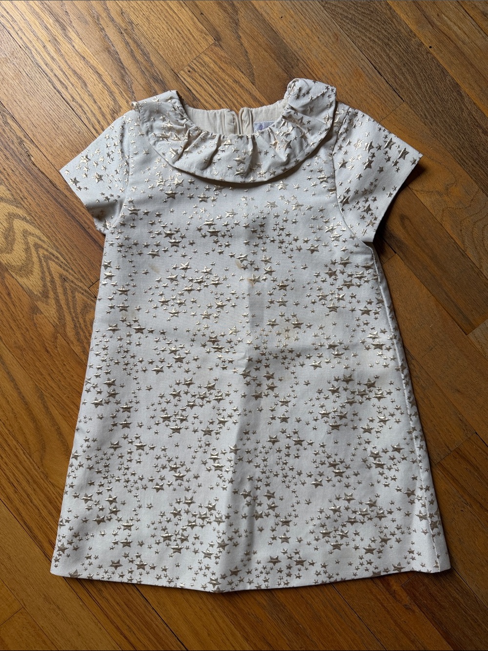 Rachel Riley Girls' Cream Star-Print Ruffle Collar Dress- price reflects stain